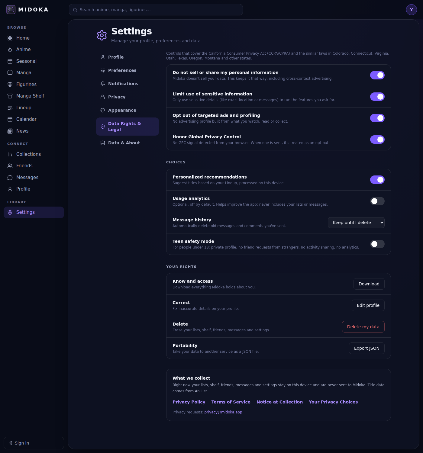 Midoka data rights settings